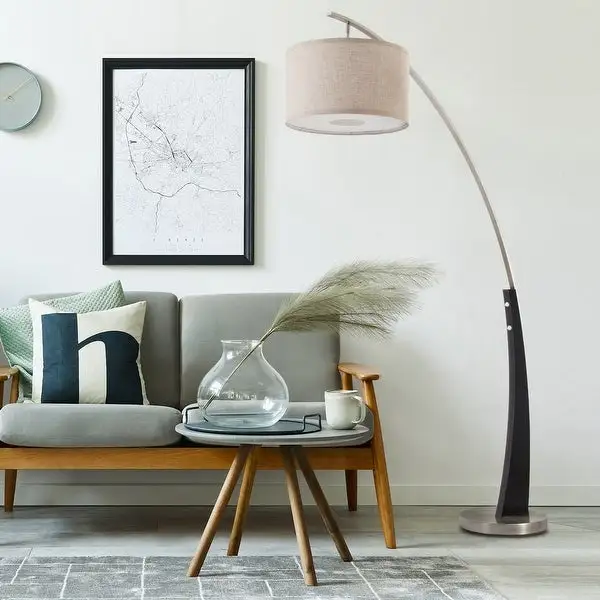 Q-Max Arched Floor Lamp with Drum Shade and Unique Black Wood Pole Base with Metal Base