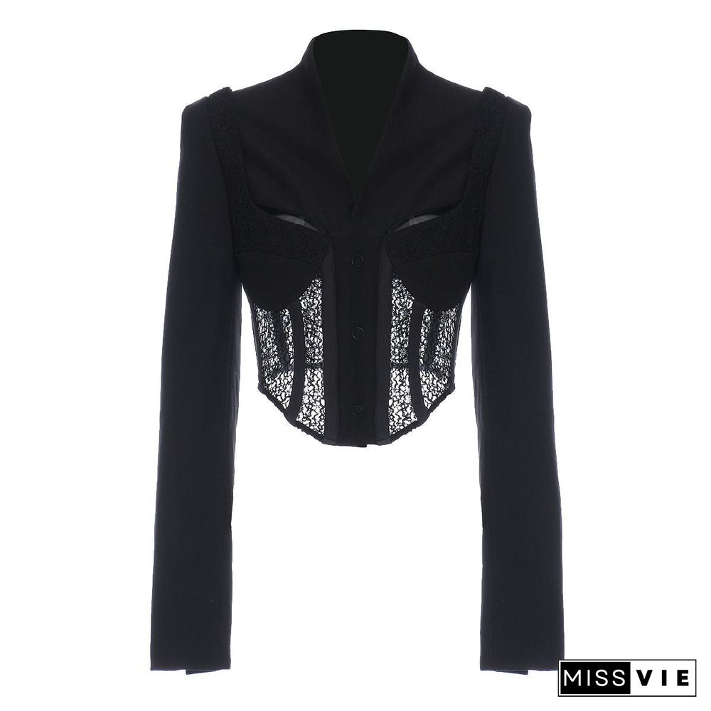 Slim Fit Tailored Blocked Mesh Lace Cropped Corset jacket