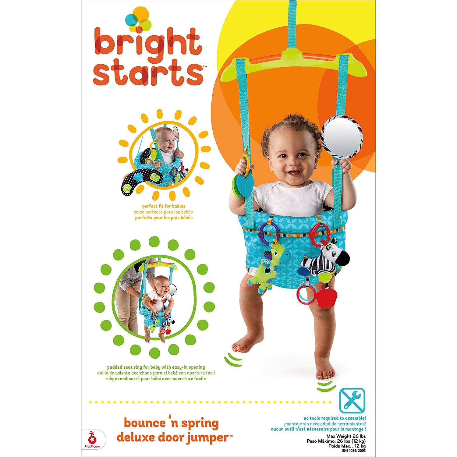 Bright Starts Bounce 'N Spring Deluxe Door Jumper with Take-Along Toys， Ages 6 months +， Blue