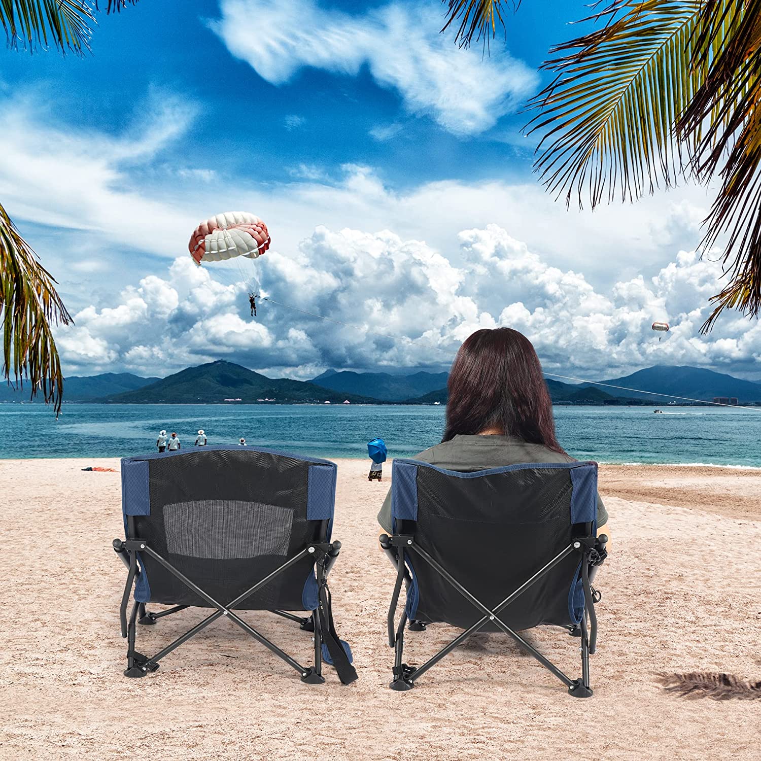 REDCAMP Low Beach Chairs， Portable Concert Chairs for Adults， Heavy Duty Compact Beach Chairs with Carry Bag， Small Folding Beach Chairs for Outdoor Travel Camping， 2 Pack of Navy