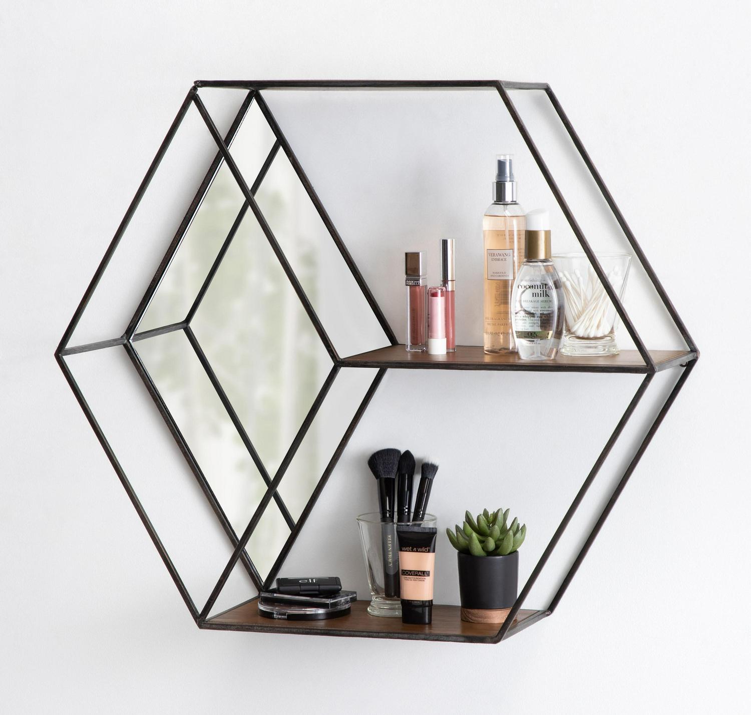 Kate and Laurel Lintz Modern Hexagon Floating Wall Shelves with Mirror Black Metal Frame with Rustic Brown Shelves  Crowdfused