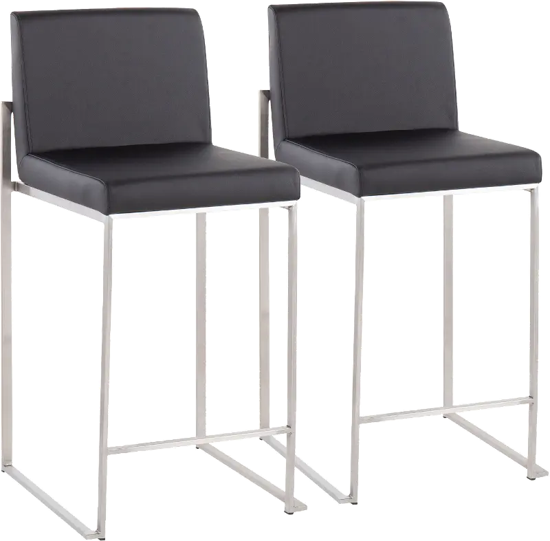 Fuji High Back Stainless and Black Faux Leather Counter Stools， Set of 2