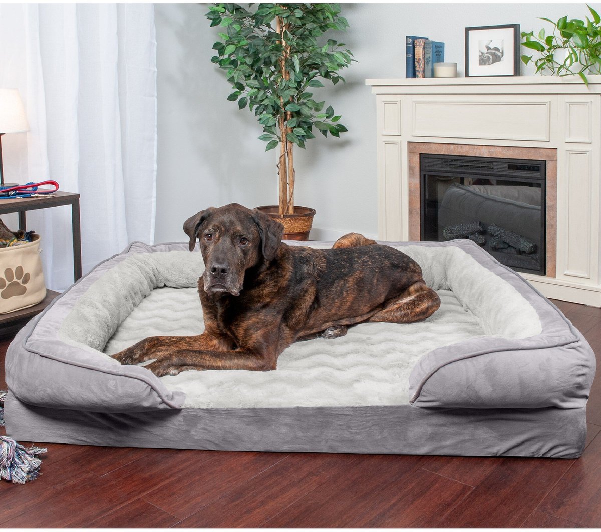 FurHaven Velvet Waves Perfect Comfort Orthopedic Sofa Cat and Dog Bed， Granite Gray， Jumbo Plus