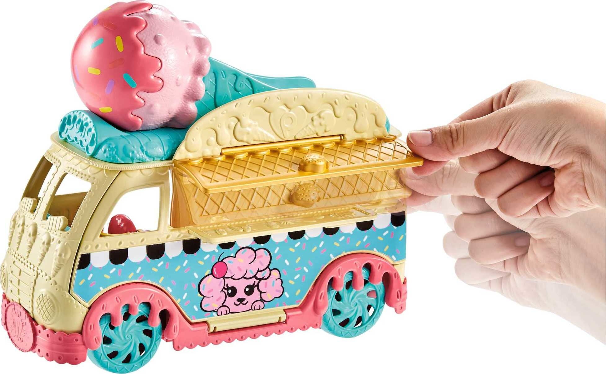 Polly Pocket Tiny Treats Ice Cream Playset, Vehicle Toy with 2 (3-inch) Dolls and 18+ Accessories