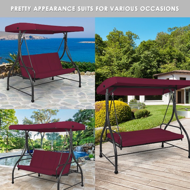 Costway Converting Outdoor Swing Canopy Hammock 3 Seats Patio Deck Furniture Wine Red