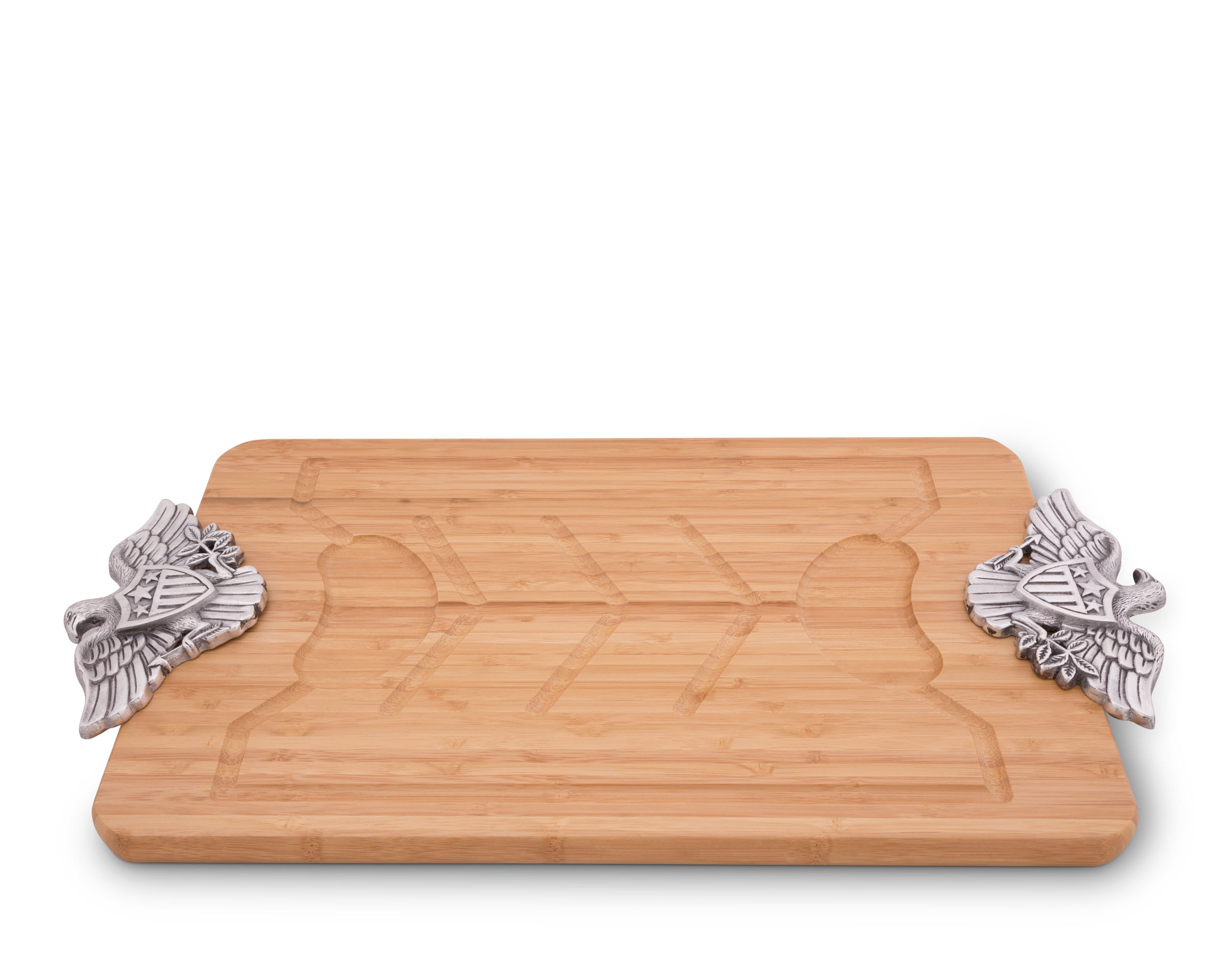 Arthur Court Metal American Eagle Handle Bamboo Wood Carving / Cheese Board Large Tray for Serving Meats or Appetizer 23.5 Inch