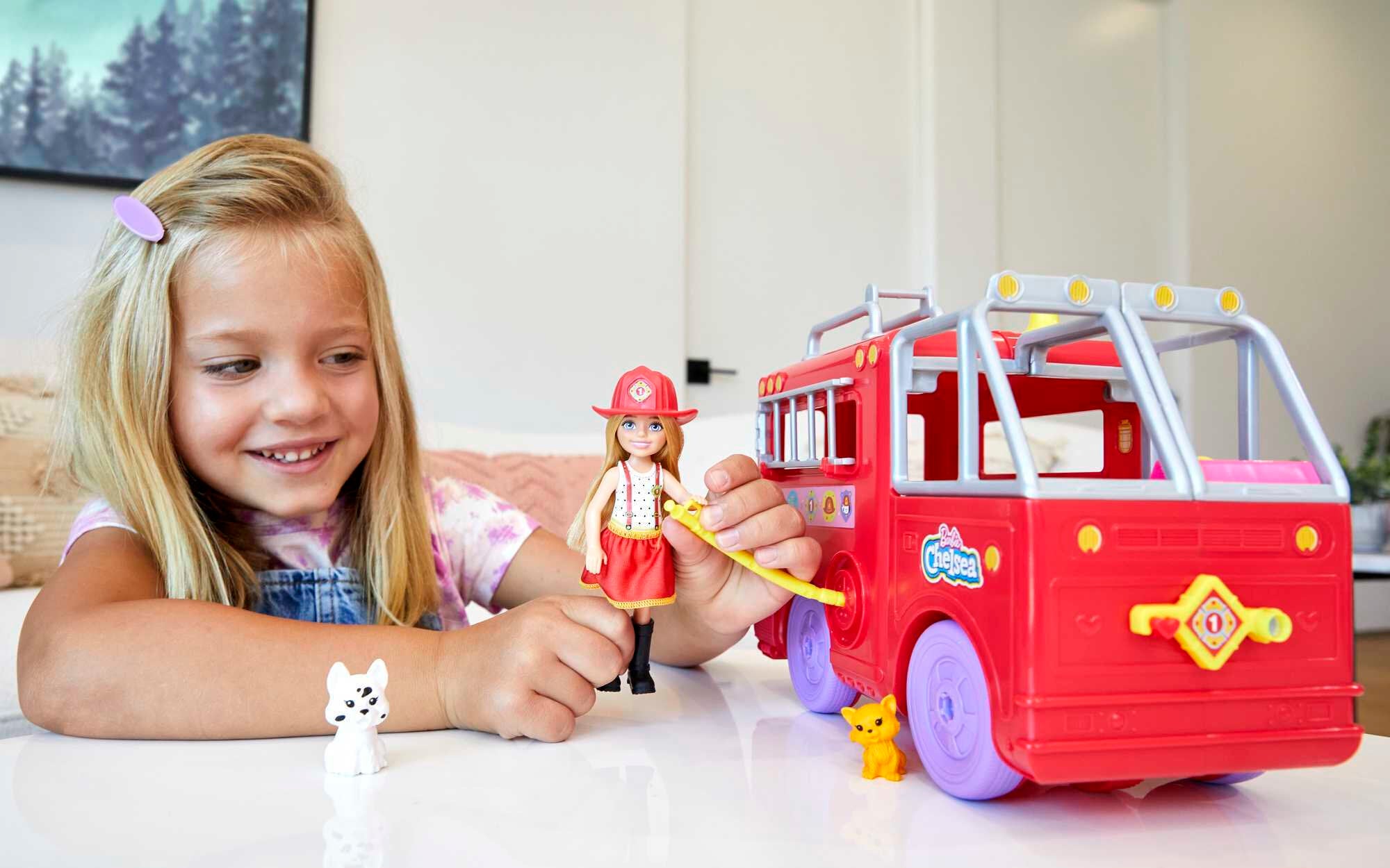Barbie Chelsea Can Be Fire Truck Playset with Blonde Doll, 2 Pets and 15+ Accessories, Open for Station