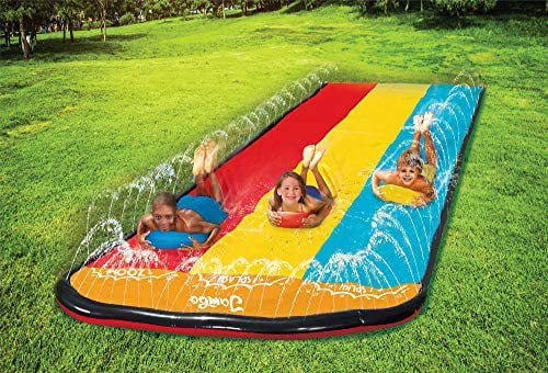 Intera Triple Lane Slip, Splash and Slide for Backyards | Water Splash Slide Waterslide with 3 Boogie Boards | 16 Foot Three Sliding Racing Lanes with Sprinklers | Durable Quality PVC Construction