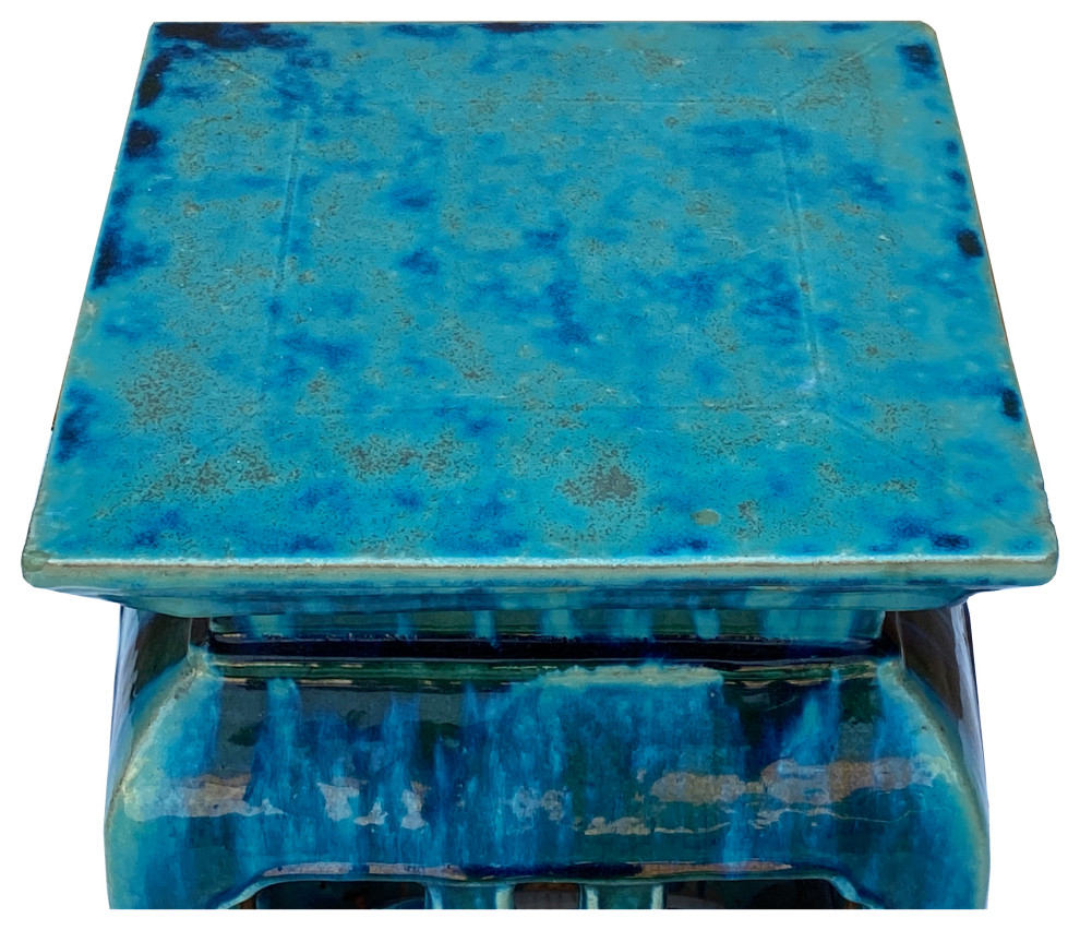 Chinese Ceramic Square Turquoise Green Knot Garden Stand Table Hcs7286   Asian   Accent And Garden Stools   by Golden Lotus Antiques  Houzz