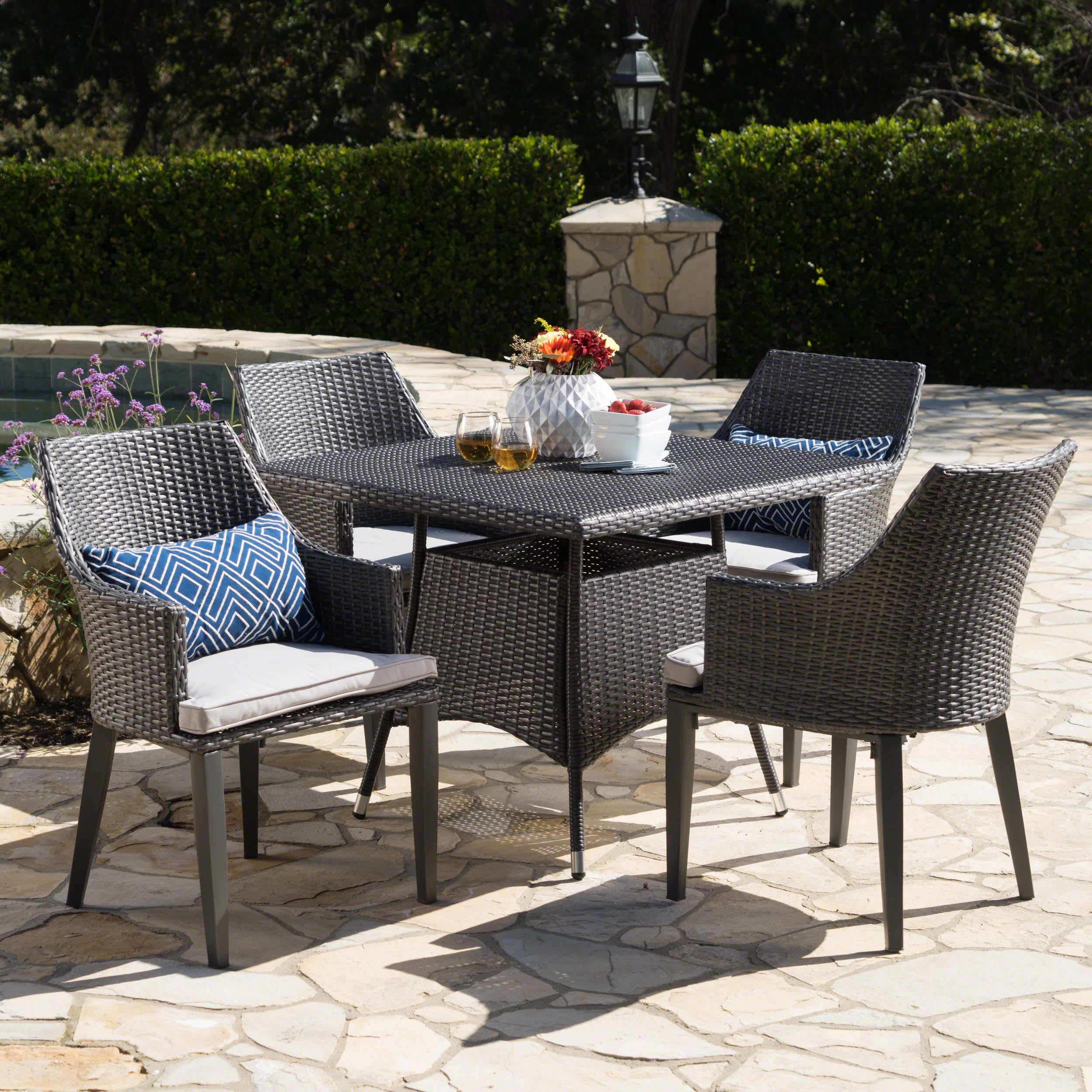 Leeward Outdoor 5 Piece Wicker Square Dining Set with Water Resistant Cushions