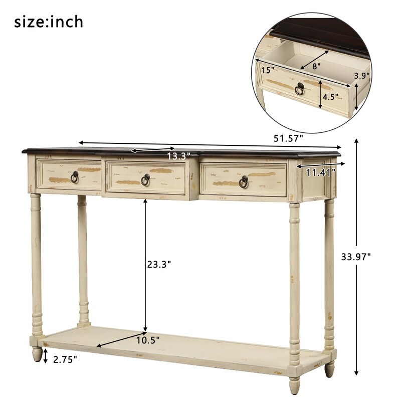 Rustic Solid Wood Console Table with Projecting Drawers and Long Shelf