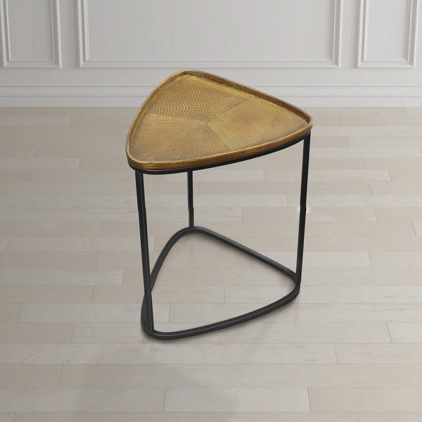 19 Inch Aluminum Side End Table， Iron Frame， Guitar Pick Shaped Top， Antique Brass， Black - 18.6 H x 14.7 W x 15.6 L I