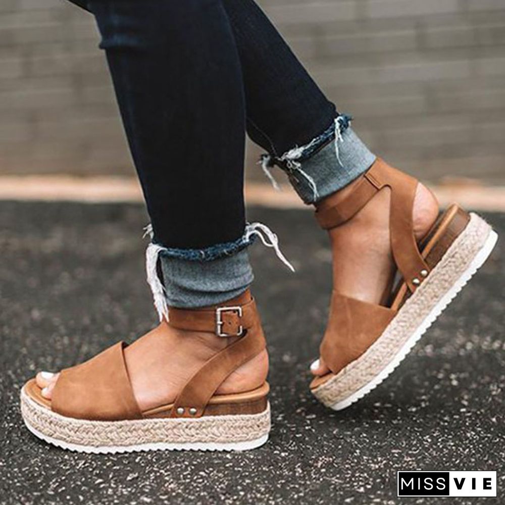 Linen Platform Buckle Ankle Strap Sandals