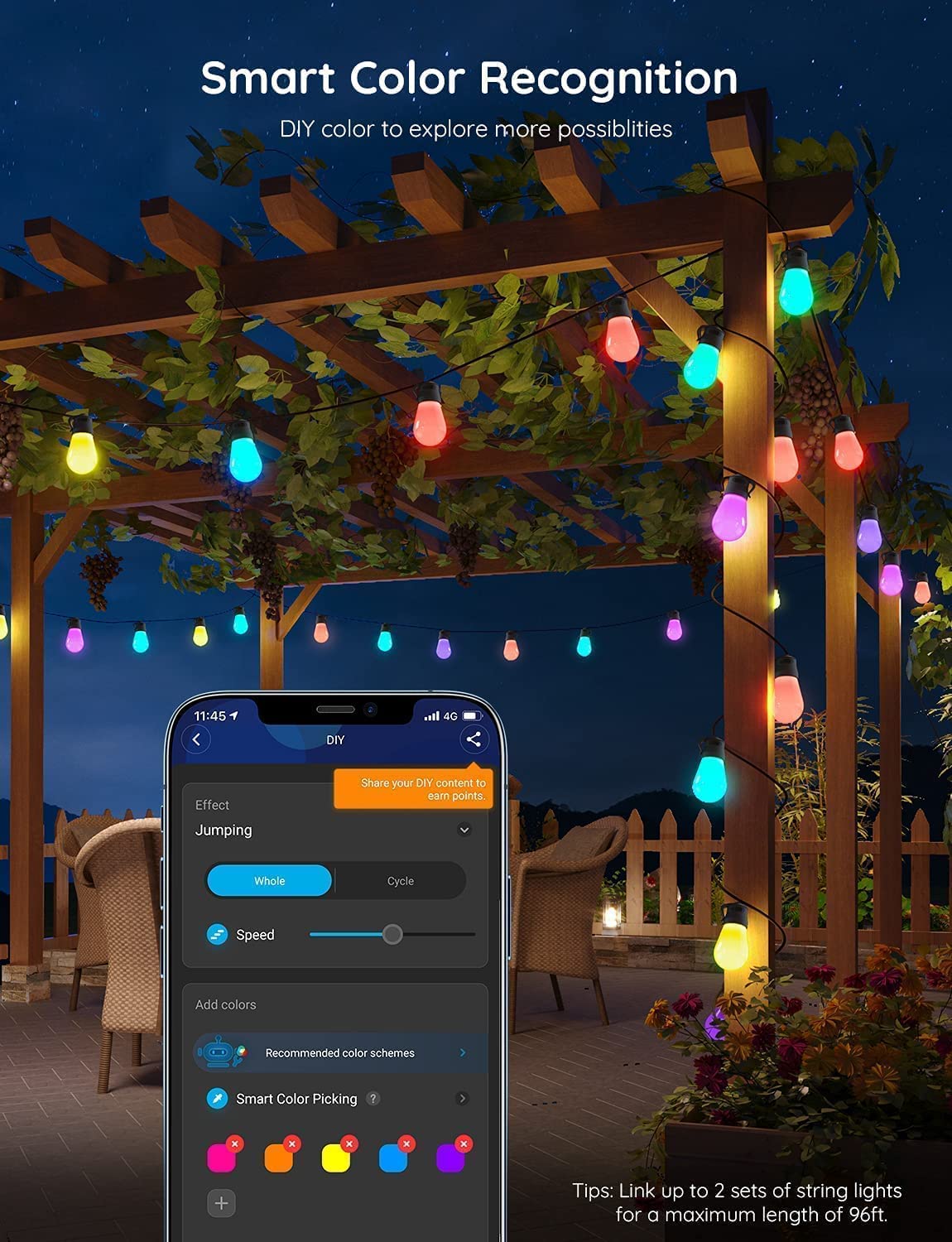 Govee Smart Outdoor String Lights， 48ft RGBIC Patio Lights with 15 Dimmable Warm White LED Bulbs， IP65 Waterproof WiFi APP Control Outdoor String Lights Work with Alexa for Balcony， Backyard， Party