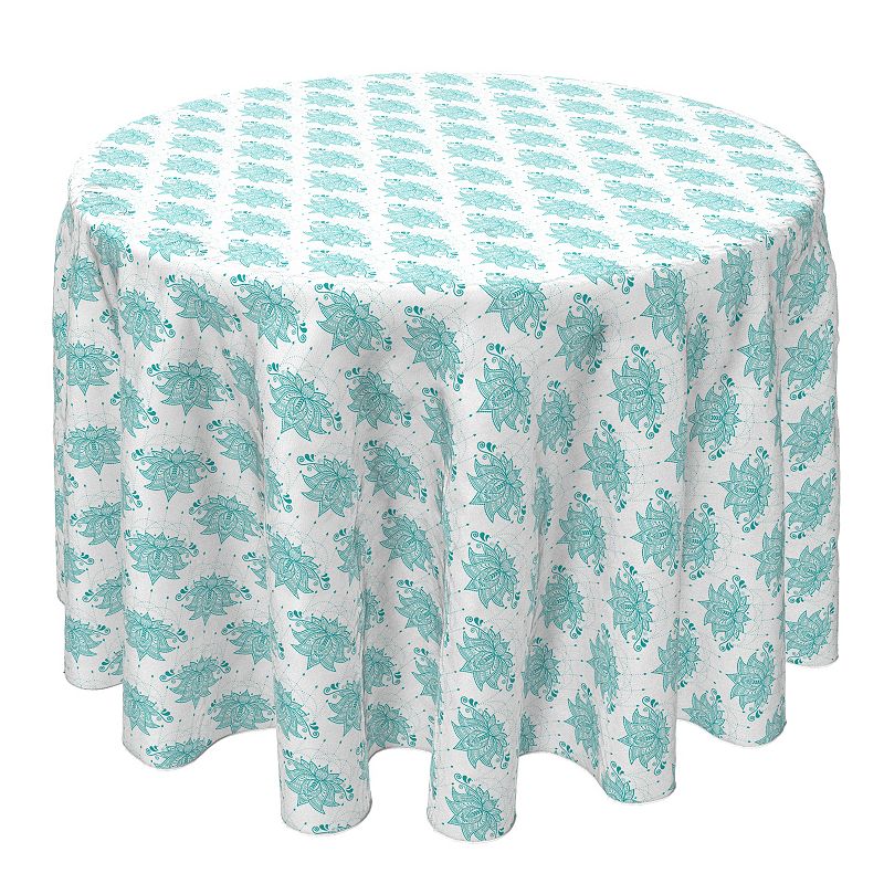 Round Tablecloth， 100% Cotton， 60 Round， Turquoise Lotus Flower