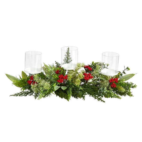 20 Holiday Winter Greenery and Berries Triple Candle Holder Artificial Christmas Table Arrangement