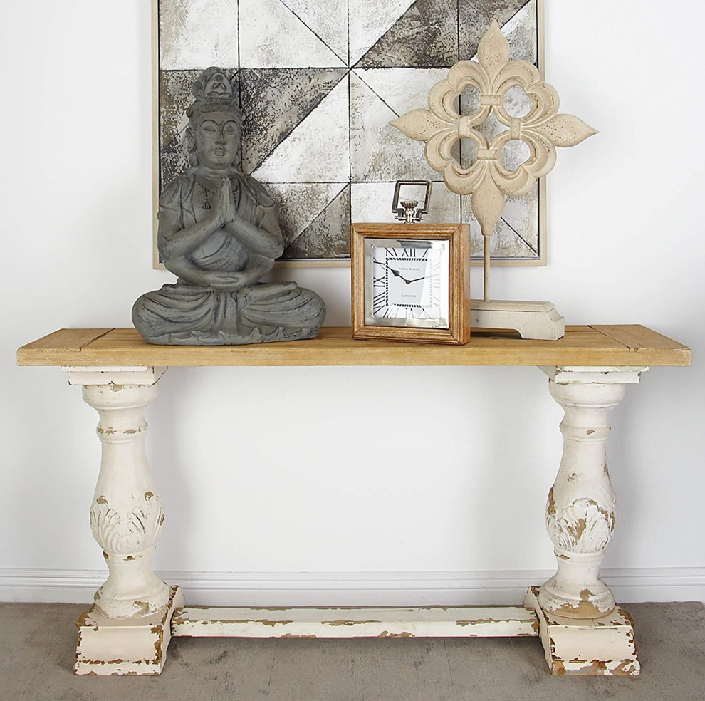 Narrow Console Table  Double Carved Column Base With Natural Brown Fir Wood Top   Farmhouse   Console Tables   by Decorn  Houzz