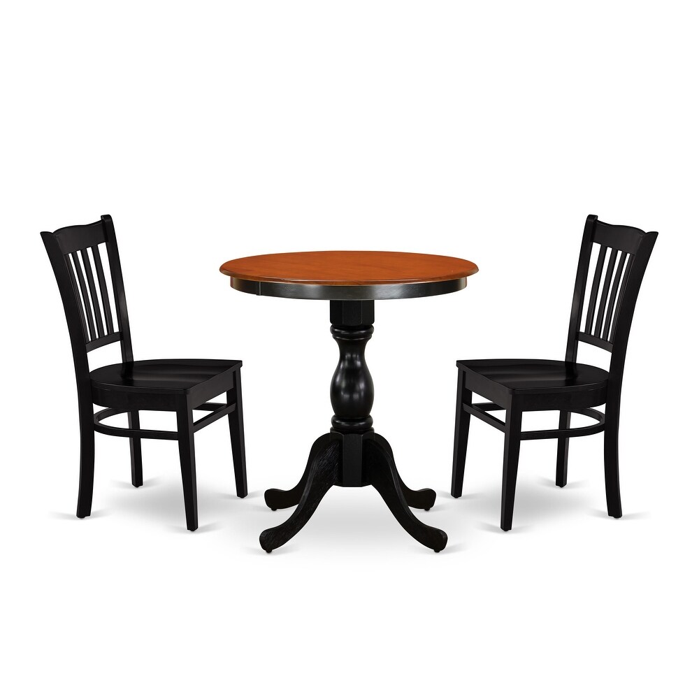 East West Furniture 3 Piece Dining Furniture Set  a Round Dining Table with Pedestal and 2 Wood Seat Chairs  Black   Cherry