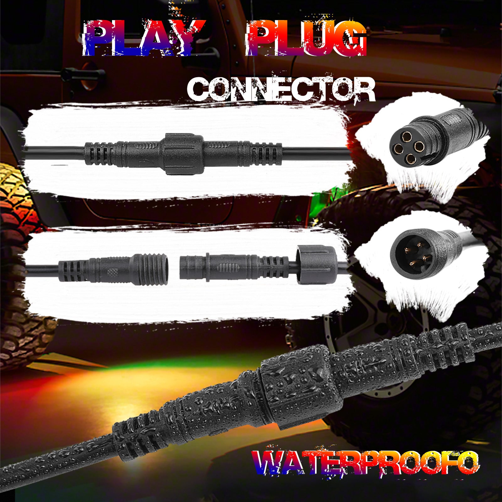 RGB LED Rock Lights Extension Wire Cable OFFROADTOWN 8.2 FT 4-Pin Plug Play  Connector