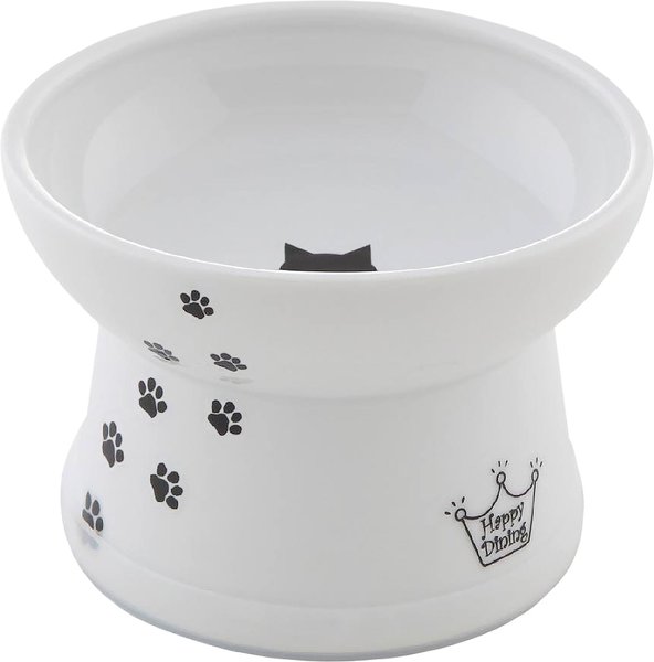 Necoichi Ceramic Elevated Dog and Cat Food Bowl， White Paw Print