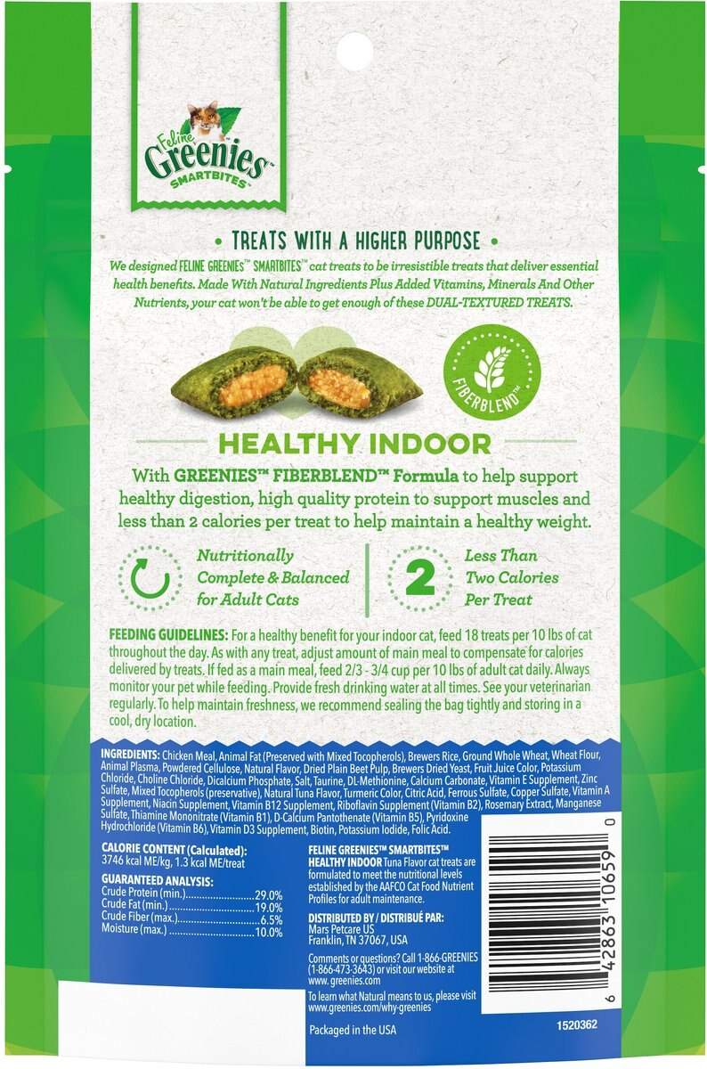 Greenies Feline SmartBites Healthy Indoor Natural Tuna Flavor Soft and Crunchy Adult Cat Treats