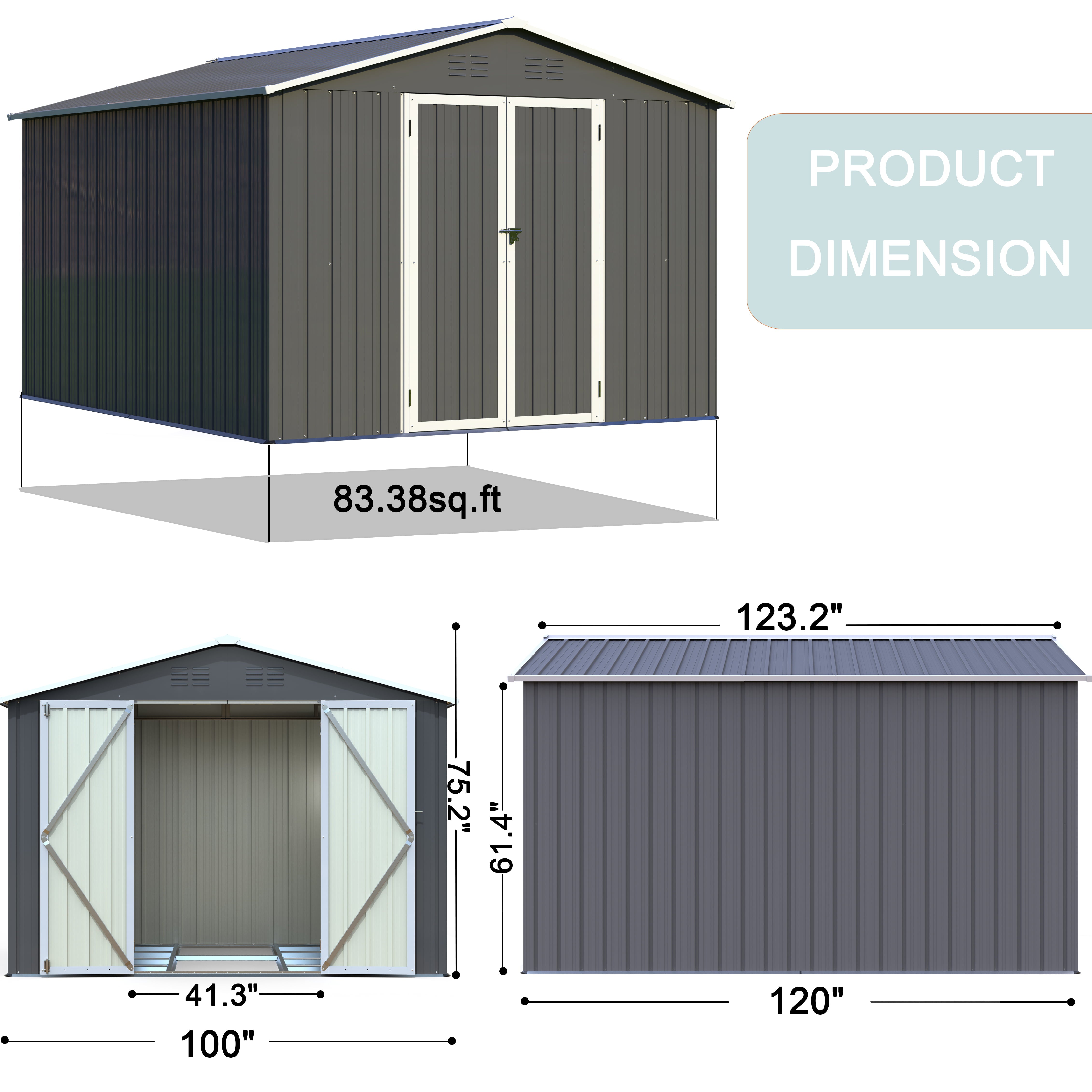 LZBEITEM 8'x10' Outdoor Metal Storage Shed, Galvanized Steel Garden Shed, Metal Garden Tool Shed with Double Lockable Doors for Backyard Patio Lawn, Gray