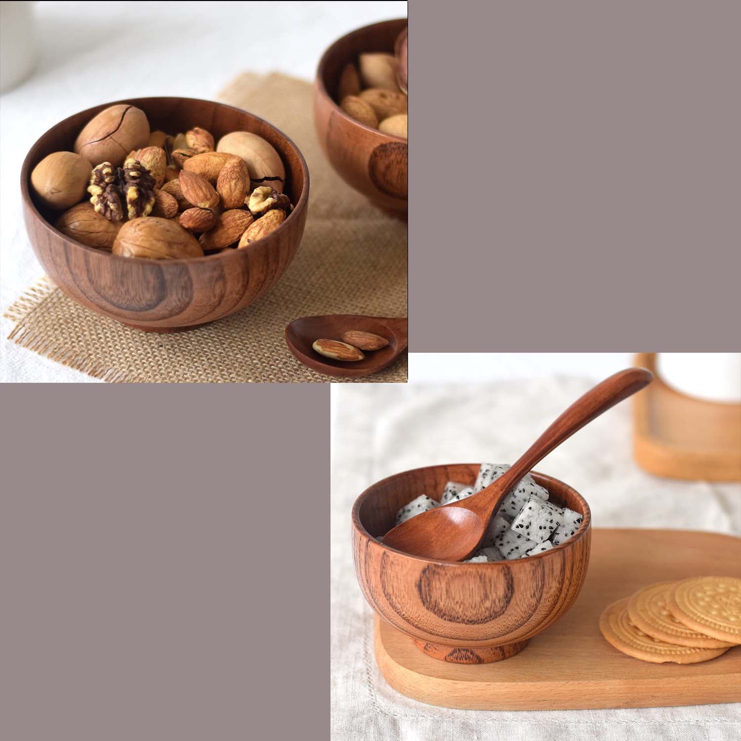 Small Wooden Bowls and Spoons， Portion Control Bowls for Snack， Dessert， Japanese Serving Bowls for Rice， Soup， Solid Wood Bowls for Decor 4 Bowls with 4 Spoons