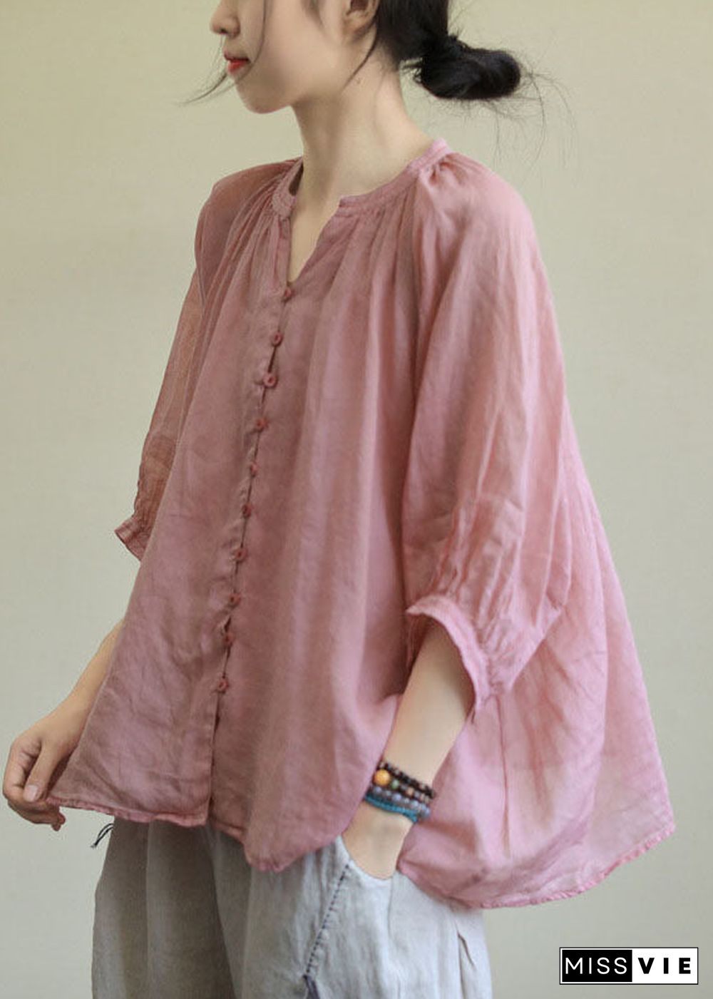 Italian Pink-purple flower V Neck Button Loose Fall Half Sleeve Blouse Top