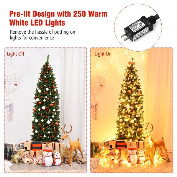 Gymax 6.5Ft PreLit Pencil Christmas Tree Hinged Artificial Slim Tree