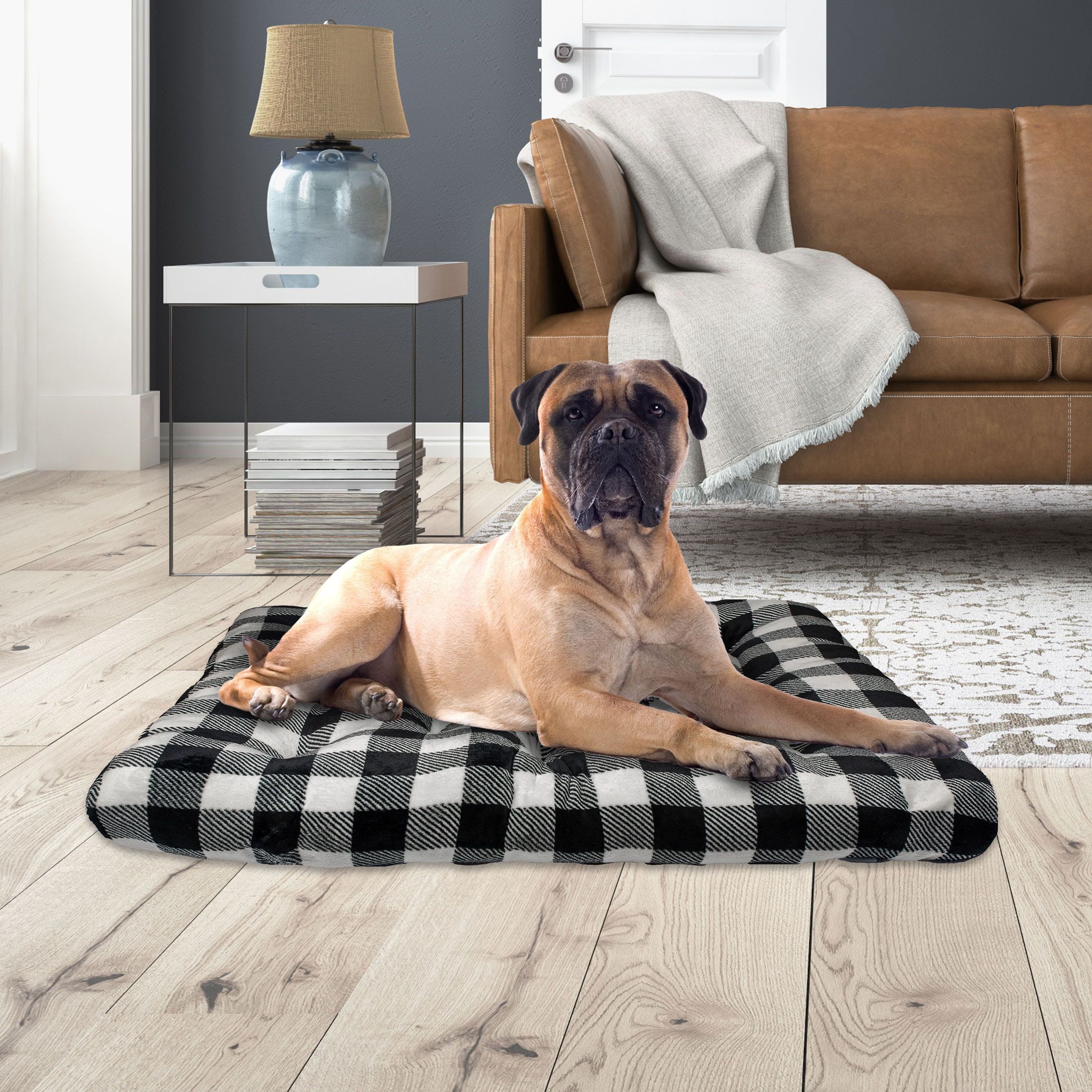 Vibrant Life Extra Large Dog Bed, Plush Tufted Black Buffalo Plaid