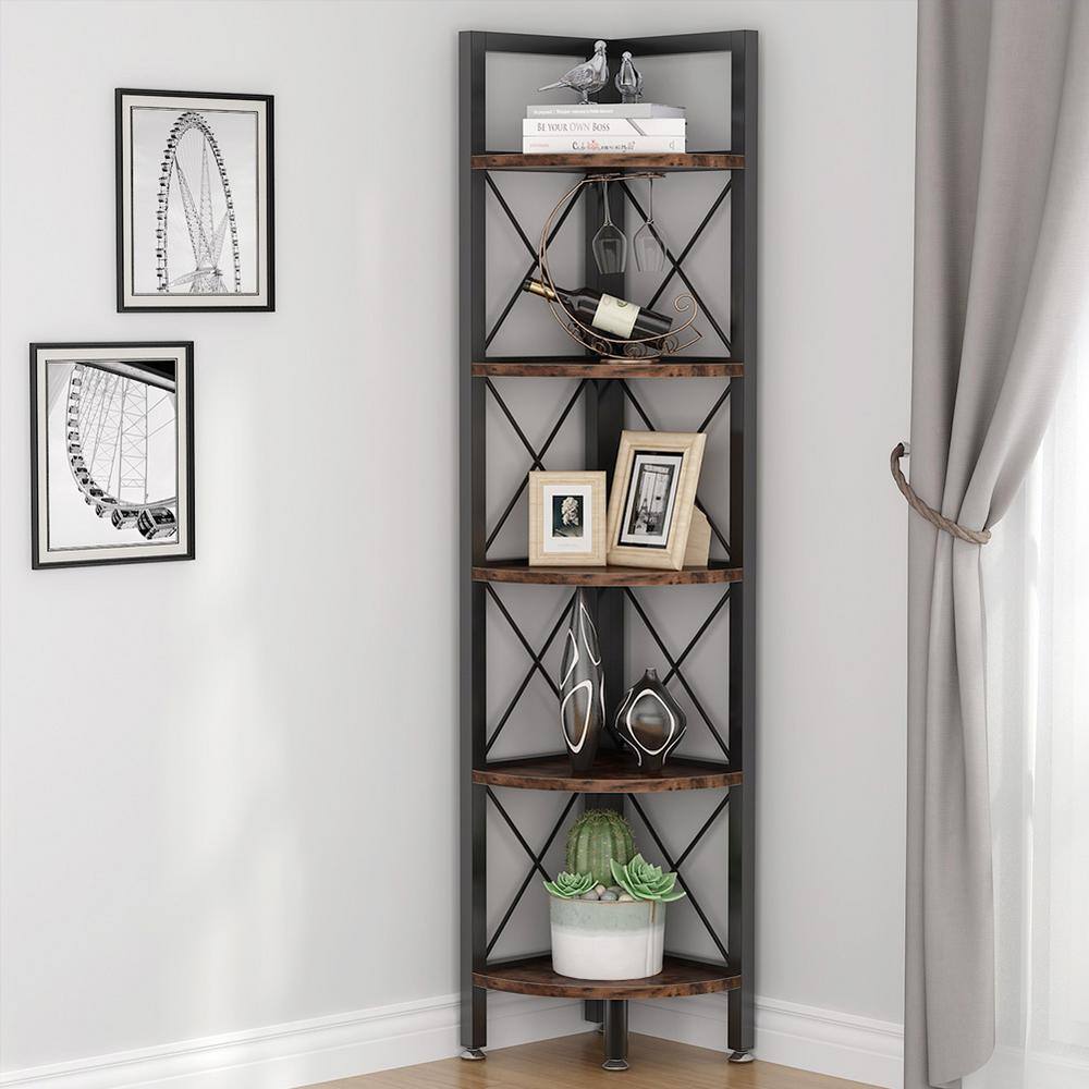 TRIBESIGNS WAY TO ORIGIN Halsey 63 in. Rustic Brown Wood and Black Metal Frame 5-Shelf Radial Corner Shelf Bookcase Storage Rack Plant Stand HD-SFC0200