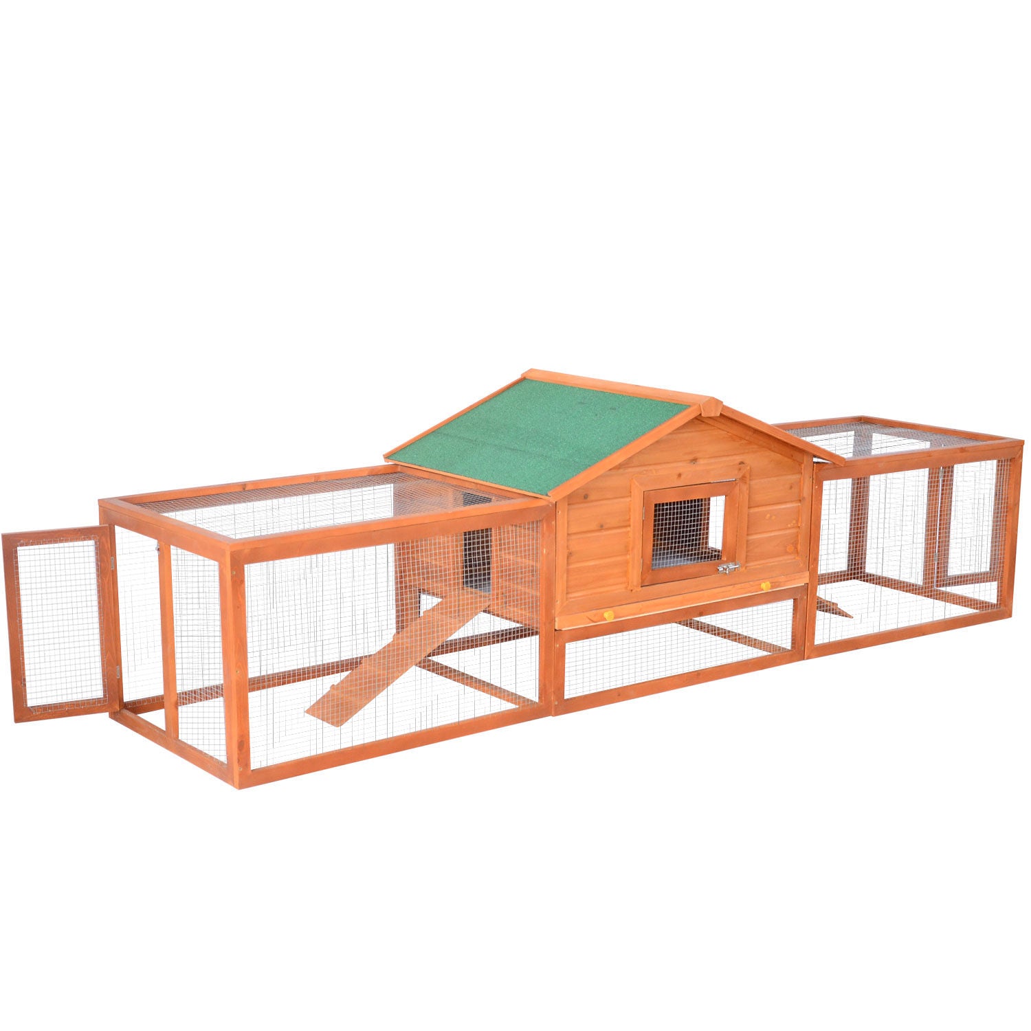 Pawhut 2-Story Large Wooden Rabbit Hutch Pet House with Ramps， Lockable Doors， Run Area and Asphalt Roof for Outdoor Use