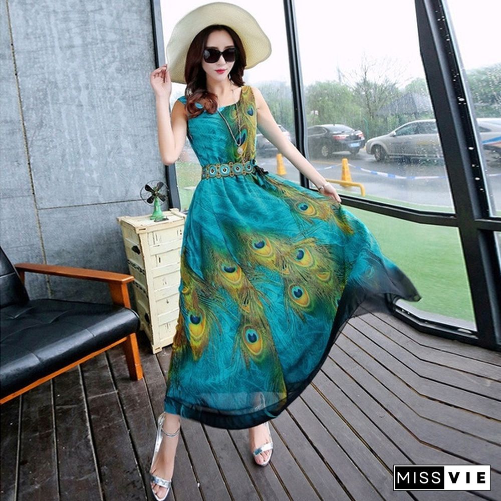 Women Chiffon Plus Sleeveless Tunic Peacock Floral Long Maxi Dress Sundress