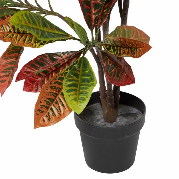 Green Faux Foliage Croton Artificial Plant with Realistic Leaves and Black Plastic Pot