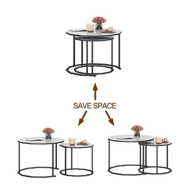 Nesting Coffee Table / End table with 12-sided Artificial Marble Top and Metal Legs