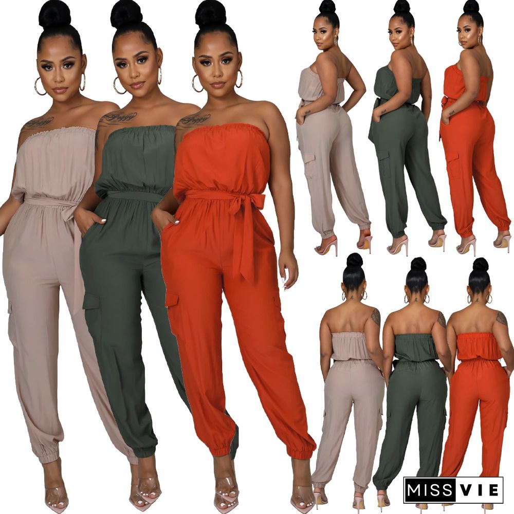 Strapless Lace Up Belts Pockets Overalls Jumpsuits