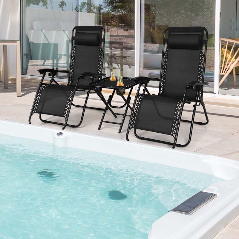 3 Pcs Folding Zero Gravity Recliner Patio Yard Pool Outdoor Chaise Lounge Chairs Table Set