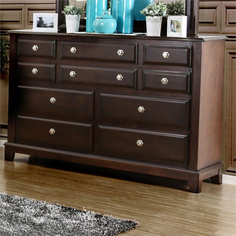 Furniture of America Glinda Solid Wood 10-Drawer Dresser in Brown Cherry