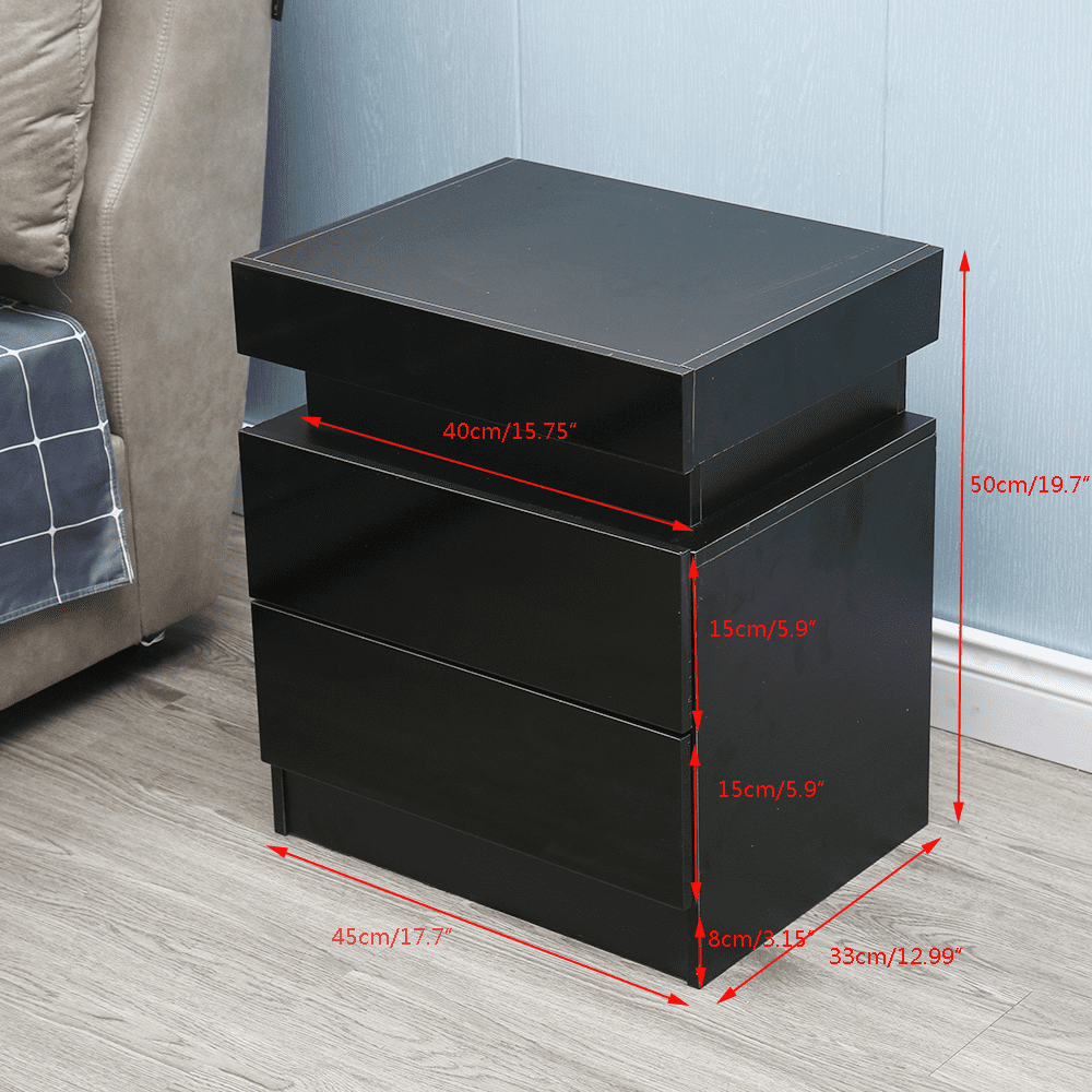 Oukaning Modern High Gloss Nightstand with 2 Drawers Modern LED RGB Bedside Table Storage(Black)