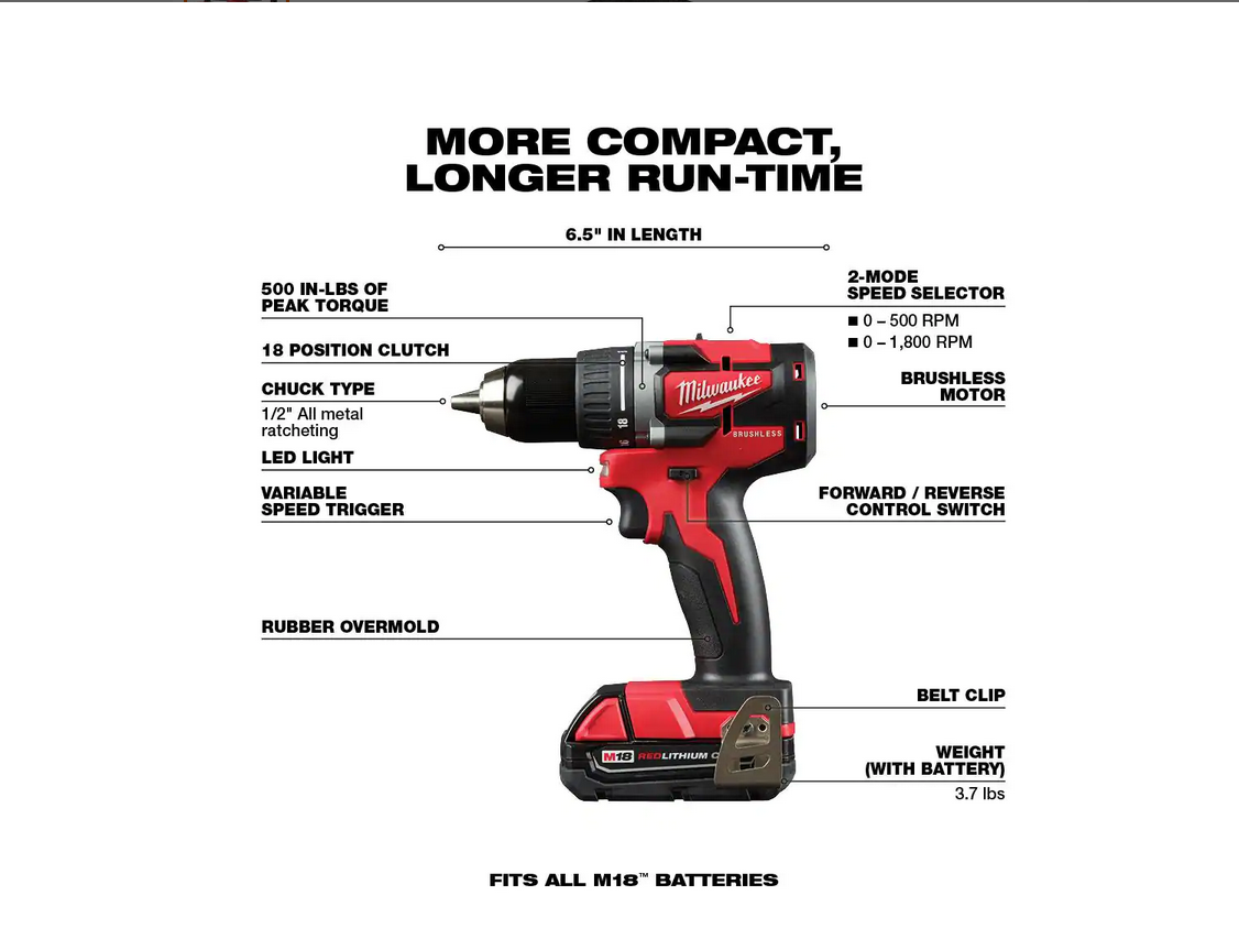 Milwaukee 2892-22CT M18 18-Volt Lithium-Ion Brushless Cordless Compact Drill/Impact Combo Kit (2-Tool)， 2801-20， 2850-20， 48-11-1820， 48-59-1812