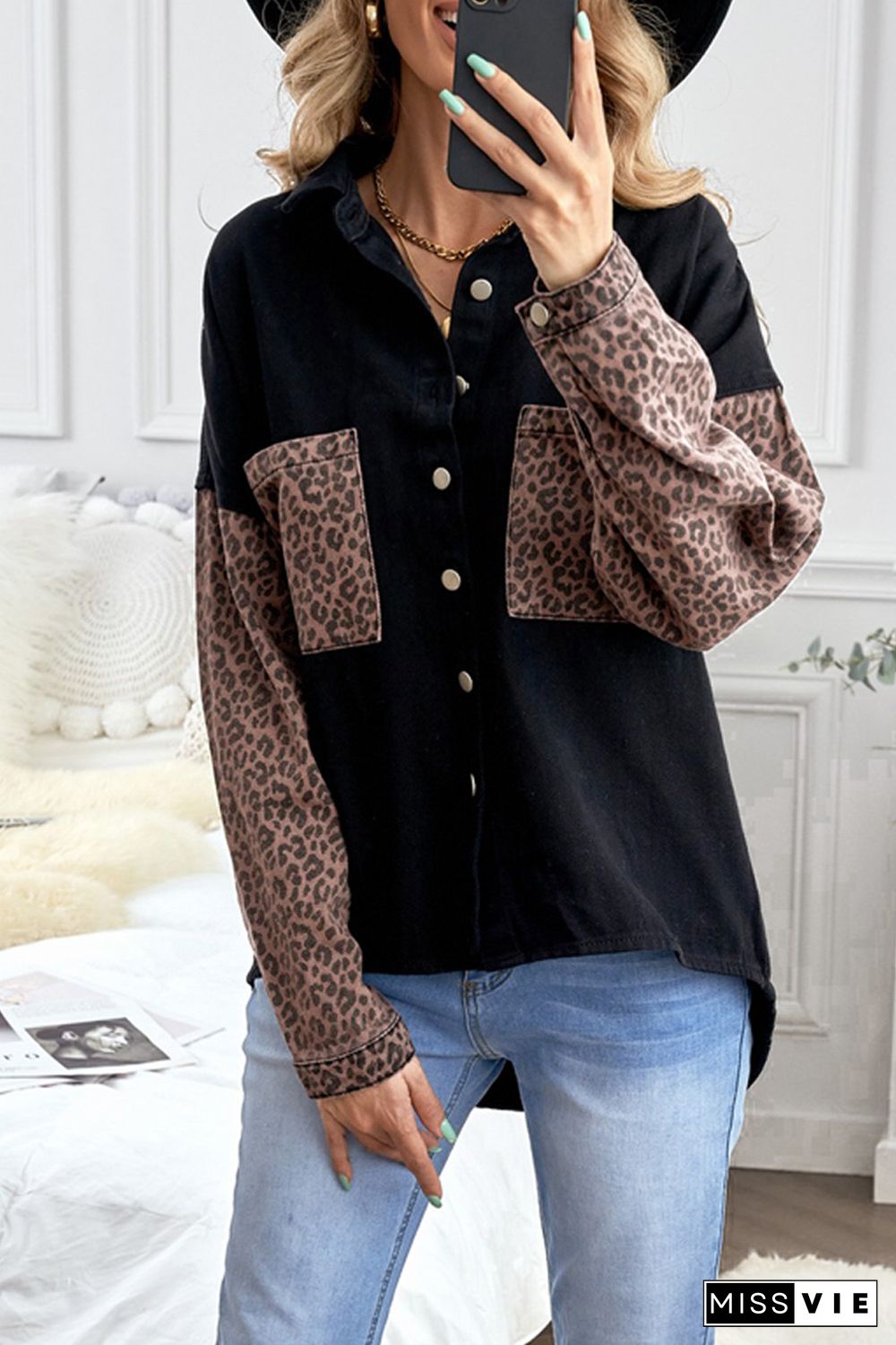 Black Contrast Leopard Denim Jacket