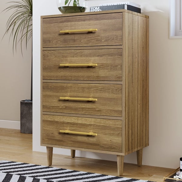 Modern 4 Drawers Dresser for Bedroom， Mid-Century Wood Chest of Drawers with Golden Handles， Storage Cabinet - as picture - - 37668417