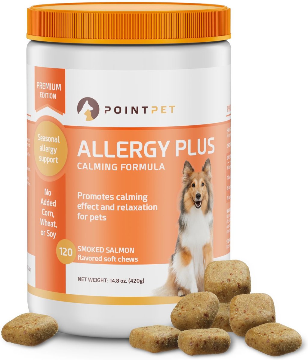 PointPet Allergy Plus Calming Smoked Salmon Flavored Seasonal Allergy Support Soft Chew Dog Supplement， 120 Count