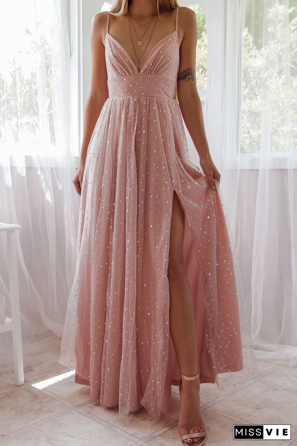 Pink Spaghetti Straps Backless Sequin Tulle Gown