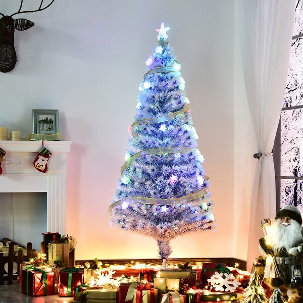 HOMCOM IcyBlue and White Christmas Tree with Lights，Prelit Christmas Tree 5 ft.，Faux Small Christmas Tree with Stand