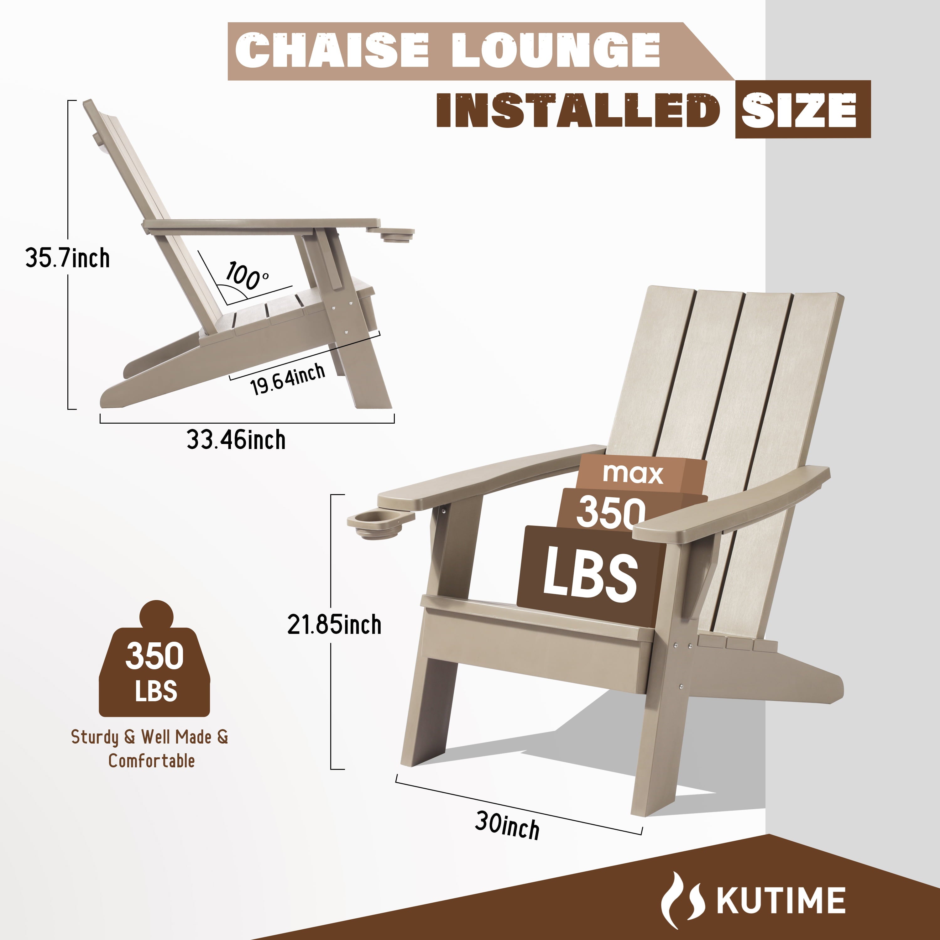 KUTIME | Resin Plastic Adirondack Chair Outdoor Patio Plastic Resin Chair With Cup Holder - Light Brown