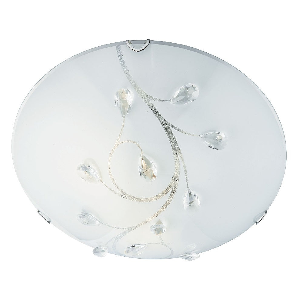 Searchlight 2140-40 Frosted Glass Round Flush Light with Crystal Leaf Decoration 40cm