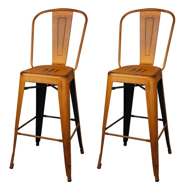 30 Inch Bar Height High Back Metal Stools， Antique Orange， Set of 2