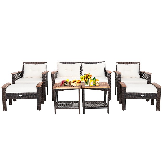 Costway 7pcs Patio Rattan Furniture Set Cushioned Loveseat Sofa Ottoman Table