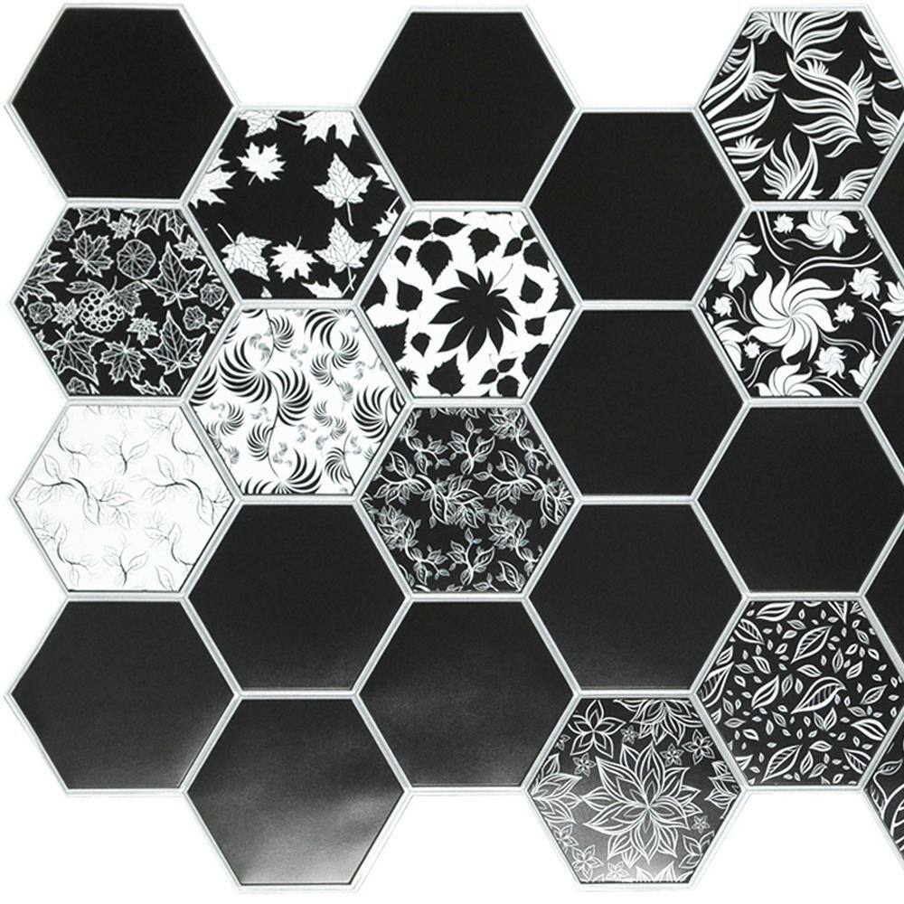 Dundee Deco 3D Falkirk Retro 101000 in. x 38 in. x 19 in. Black and White Hexagon Floral Mosaic PVC Wall Panel TP10018765